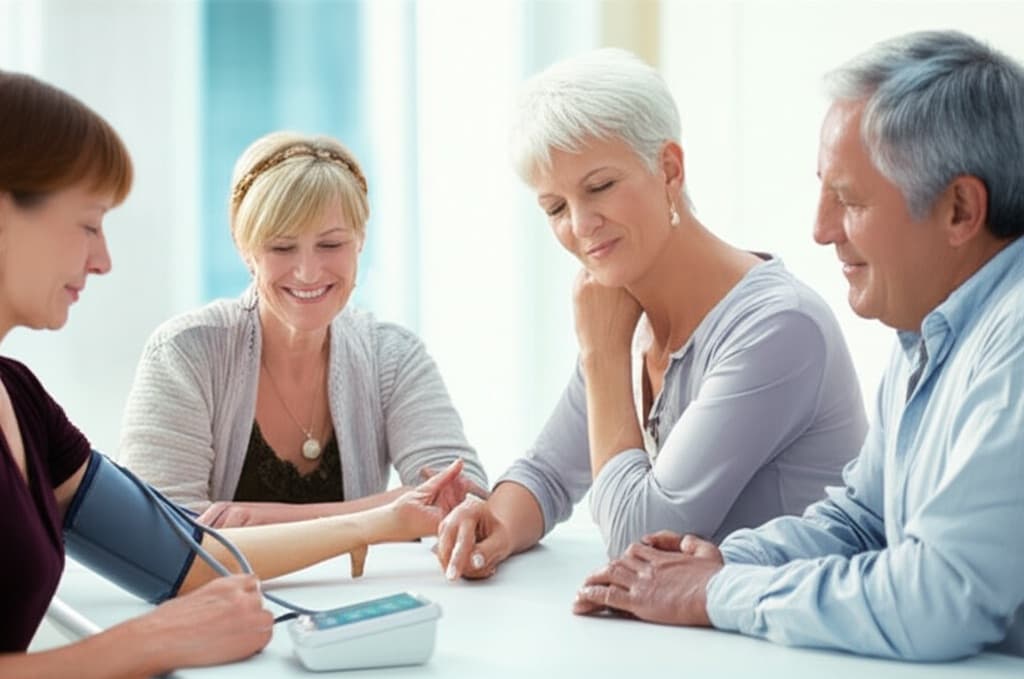 Happy elderly people using blood pressure monitoring app